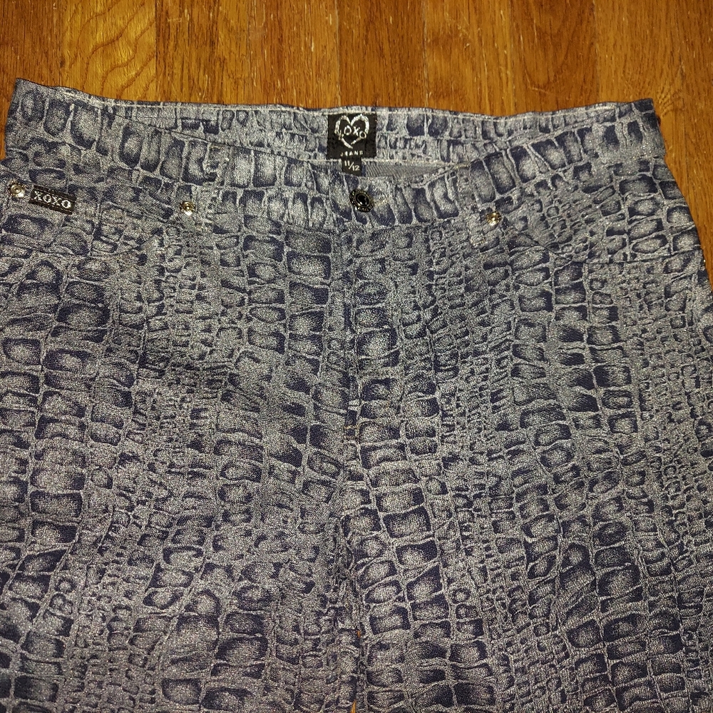 XOXO Gray Croc-Print Boot Cut Jeans